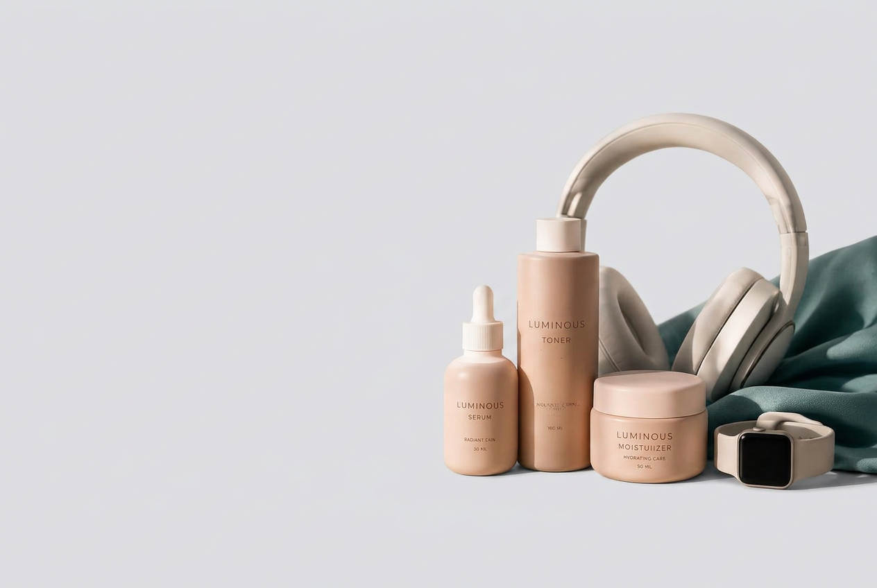Skincare bottles alongside headphones and a smartwatch